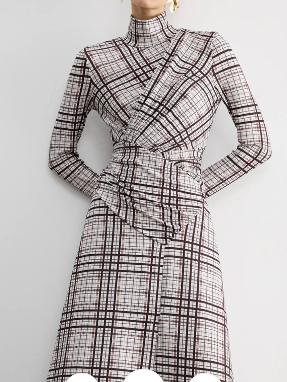 Commense White and Brown Plaid Long-Sleeve Mock Neck Dress